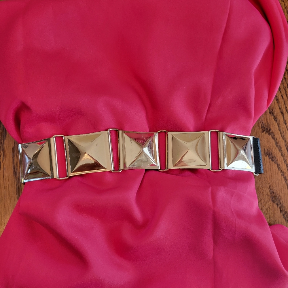 Retro Belt ~ Gold-Tone Squares ~ Black Elastic ~ 80s-90s? ~ Punk ~ Mod